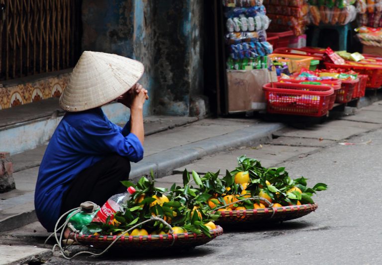Street vendor in Vietnam selling fruit at a corner in Hanoi, Vietnam cropped