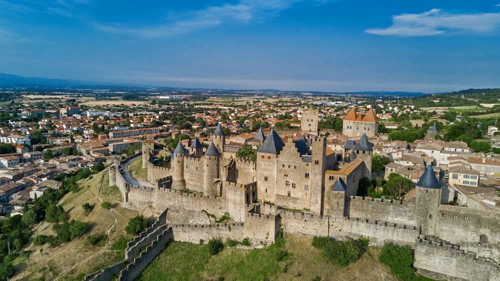 Aerial view of Carcassonne medieval city and fortress castle, France 