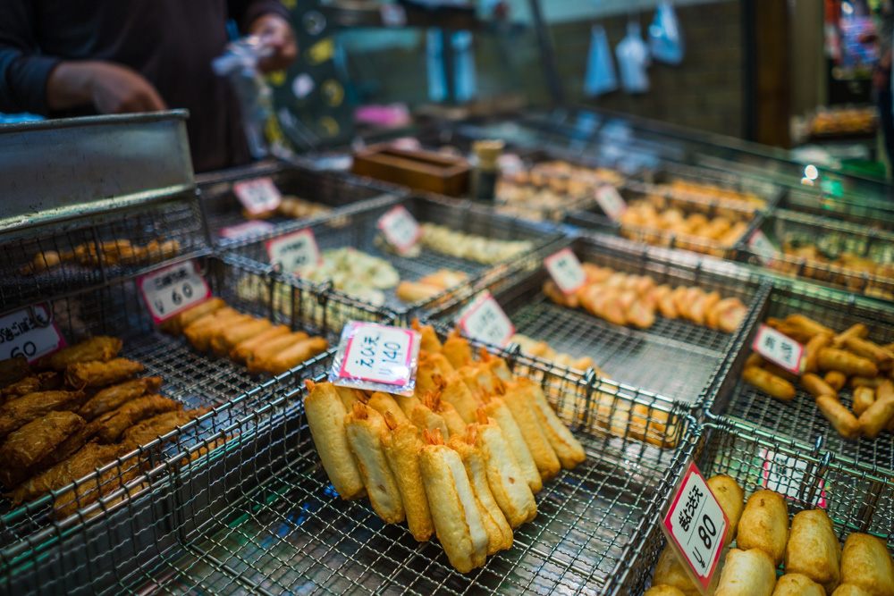 Food snack display in Nishiki Market, Kyoto, Japan 