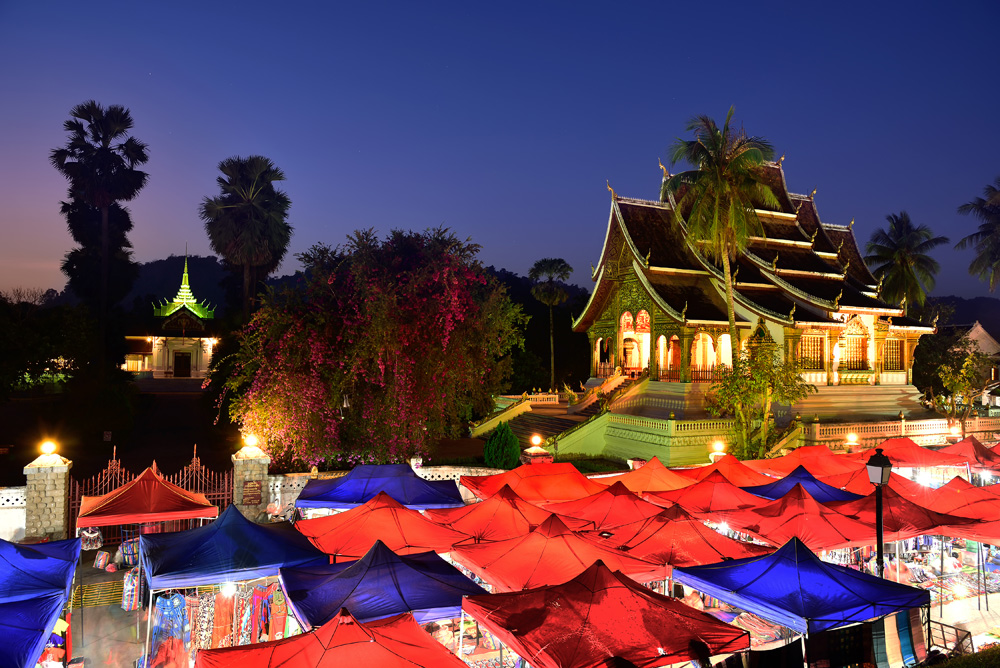 Night souvenir market in front of National Museum of Luang Prabang, Laos 