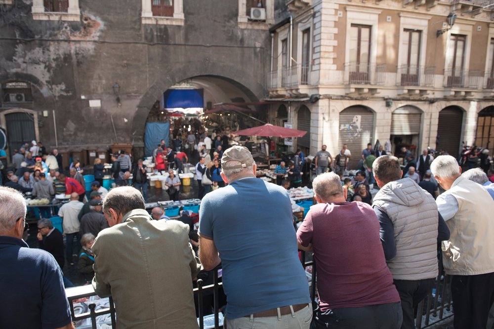 Overlooking the bustle at the Fish Market in Catania, Sicily, Italy 