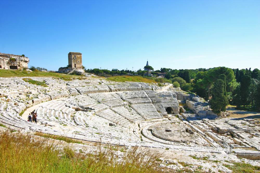 Panoramic view of the ancient Greek theatre (Teatro Greco) of Syracuse, Sicily, Italy 