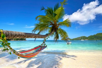 Romantic cozy hammock in the shadow of coconut palm tree at tropical paradise ocean beach, Seychelles