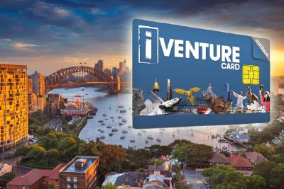 Sydney skyline with Harbour Bridge during sunset and iVenture card, Australia