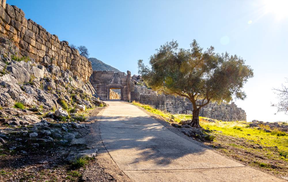 Archaeological site of Mycenae with the famous Lions Gate, Peloponnese, Greece 