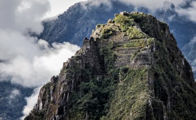 Close up view of top of Huayna Picchu with terraces, Machu Picchu, Peru