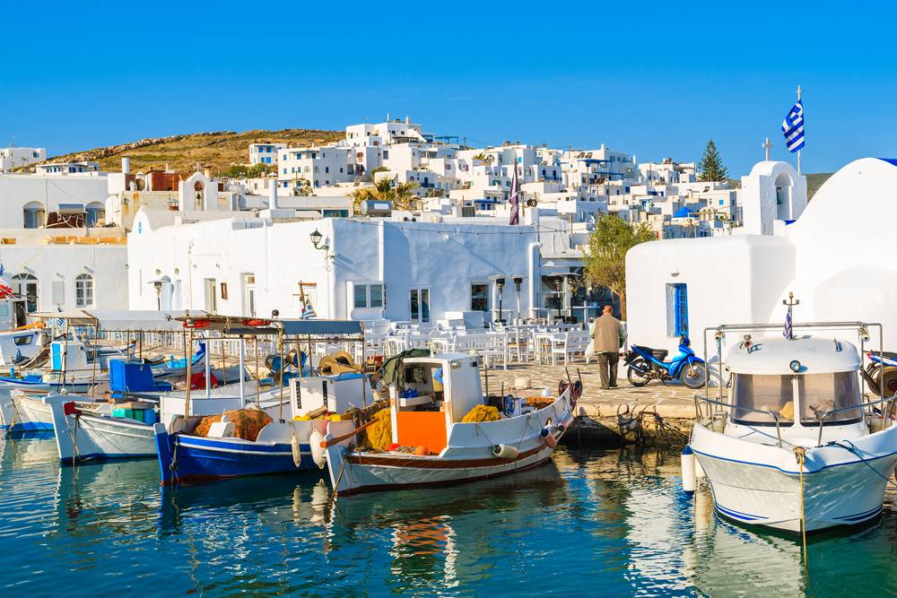Fishing boats in Naoussa port, Paros Island, Greece 