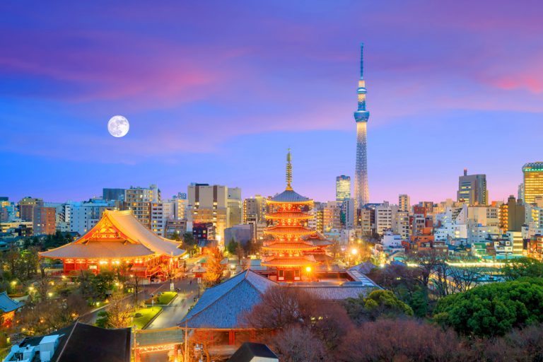 View of Tokyo skyline with Senso-ji Temple and Tokyo Skytree at twilight, Japan