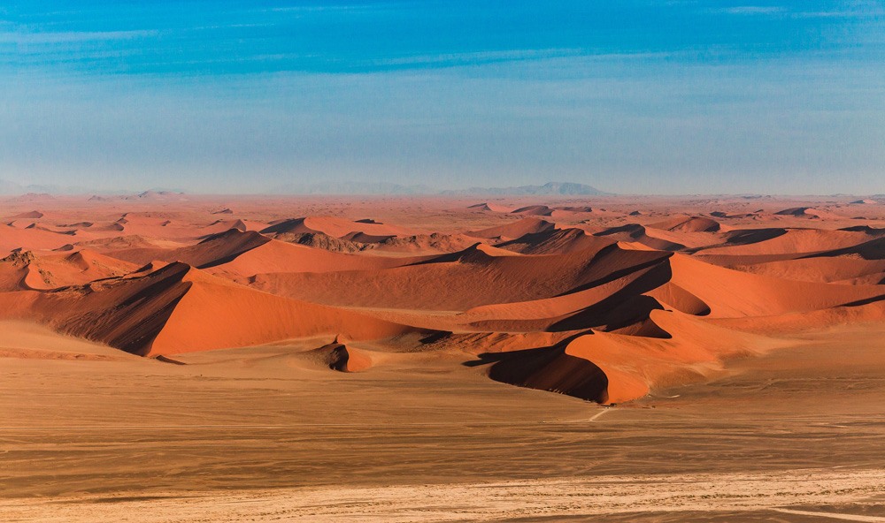 Aerial view of the red dunes at Sossusvlei in Namib Desert, Namibia