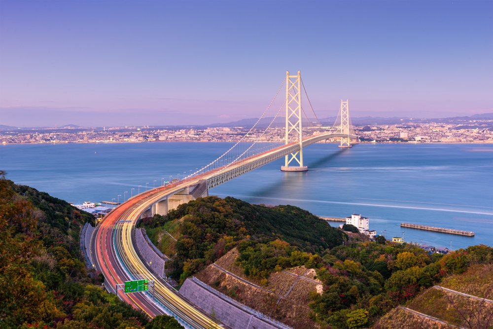 Akashi Kaikyo Bridge spanning the Seto Inland Sea from Kobe, Hyogo, Japan 