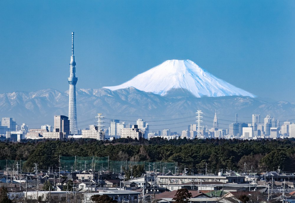 Downtown Tokyo with Sky Tree and Mount Fuji in background, Japan 