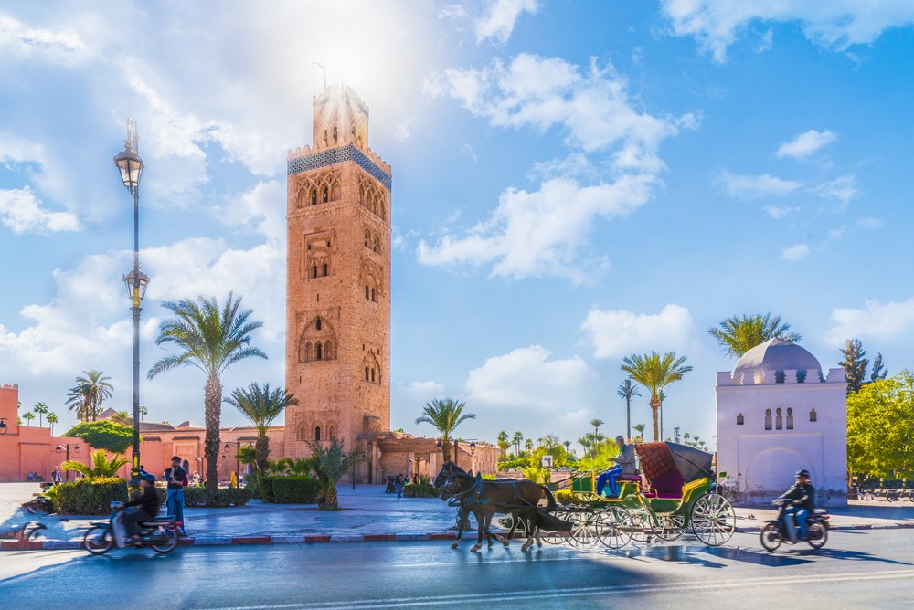 Koutoubia Mosque minaret located in the medina quarter of Marrakech, Morocco 