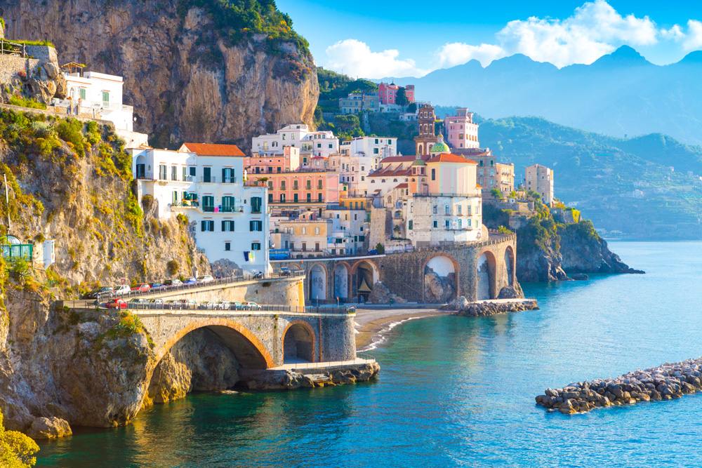 Morning view of Amalfi cityscape along the coastline of the Mediterranean Sea, Italy 