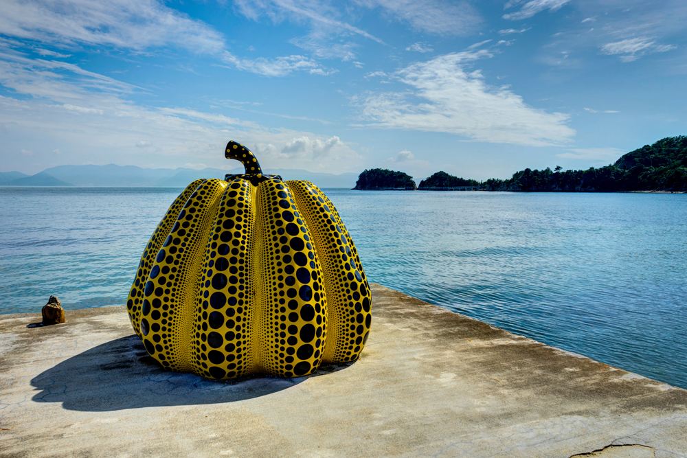Yayoi Kusama's giant pumpkin sculpture in Naoshima on Naoshima Art Island, Kagawa, Japan 