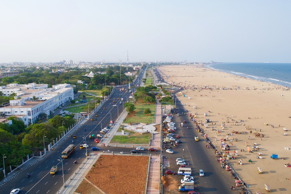Aerial view of Kamarajar Promenade and Marina Beach from Marina Lighthouse in Chennai, India 