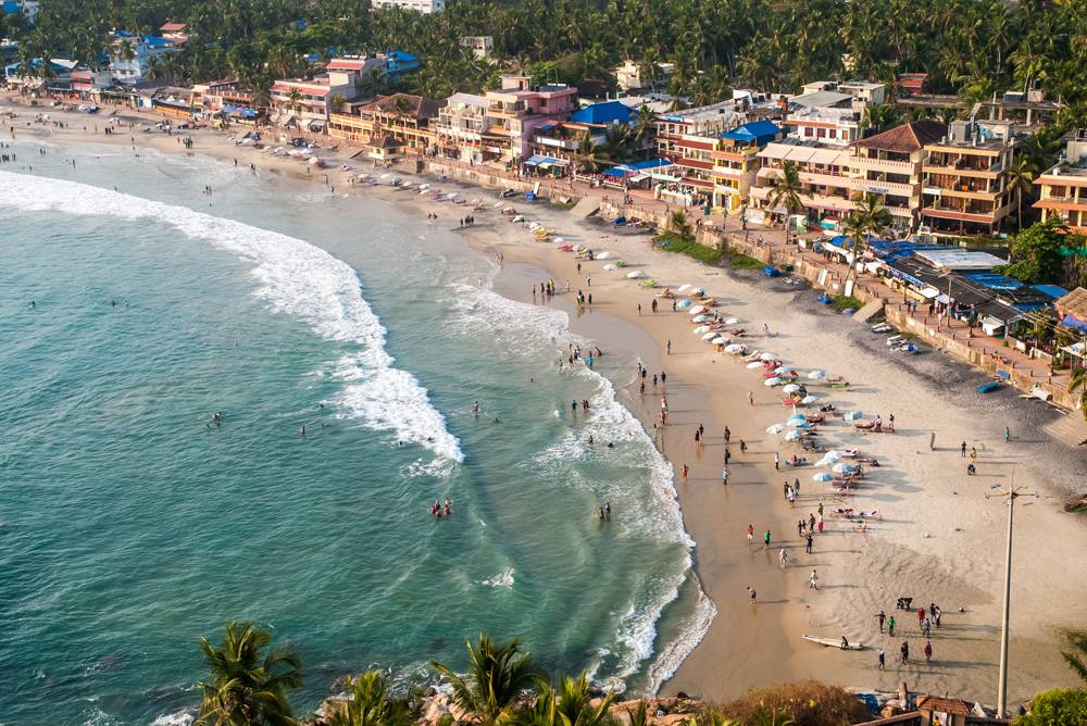 Aerial view of Lighthouse Beach in Kovalam, India 