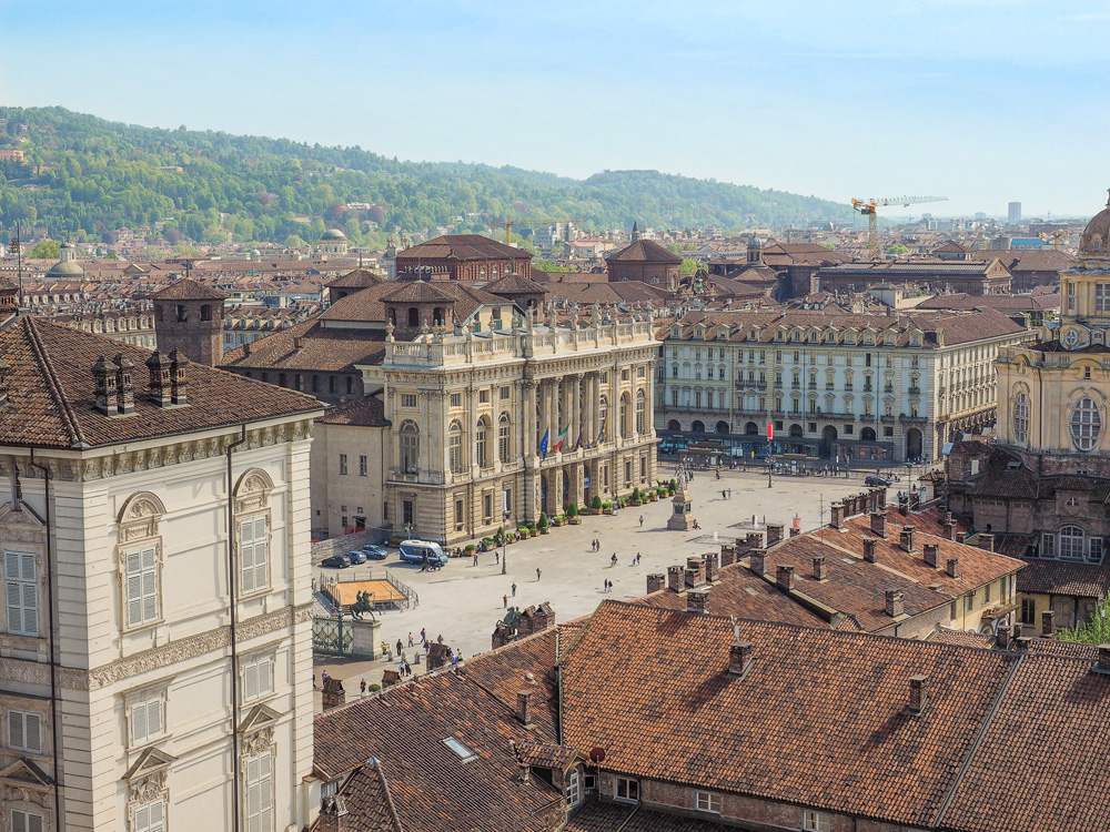 Aerial view of Piazza Castello central Baroque square in Turin, Italy 