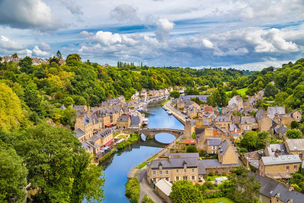 Aerial view of the historic town of Dinan with Rance River, Brittany, France 