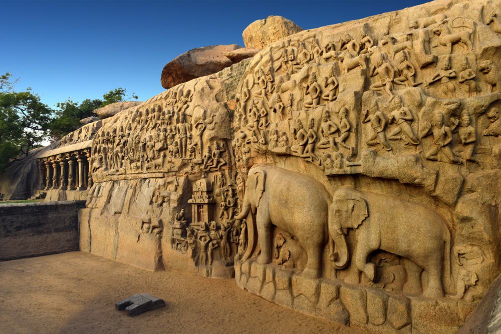 Arjuna's Penance, a large rock relief carving in Mahabalipuram, Tamil Nadu, India 