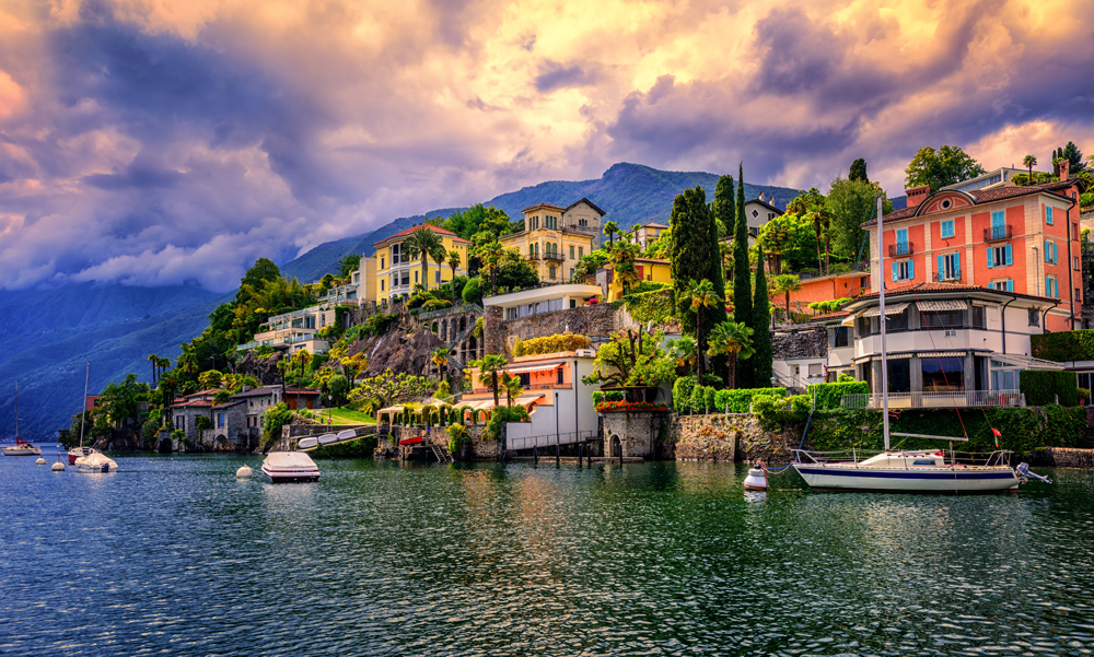 Dramatic sunset over Ascona, a popular resort town on Lake Maggiore, Switzerland