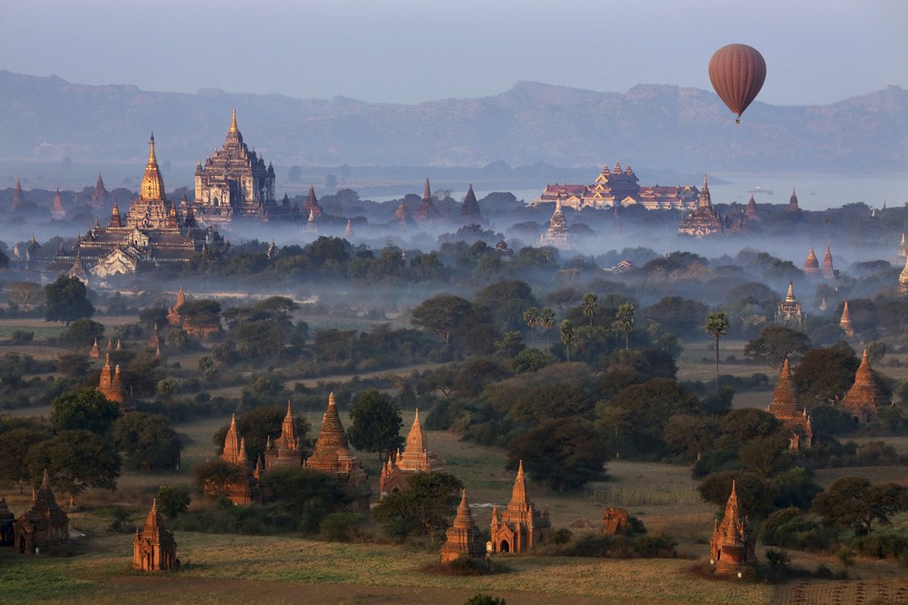 Early morning aerial view of temples and Irrawaddy River in Bagan, Myanmar 