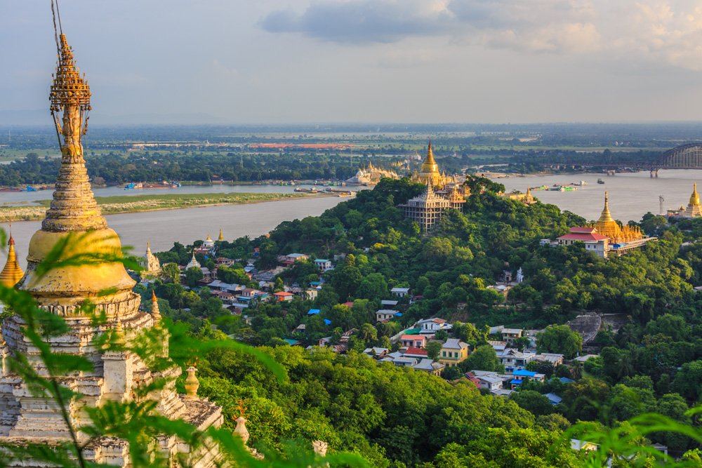 Mandalay city with golden temples and Irrawaddy River, Myanmar 