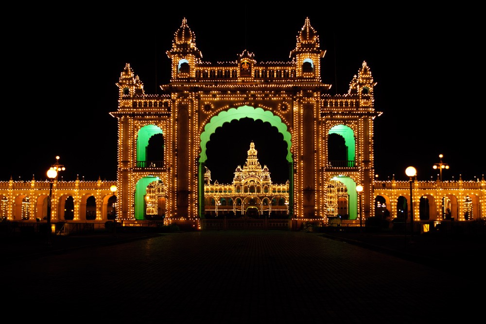 Mysore Palace lit up at night, Mysore, India 