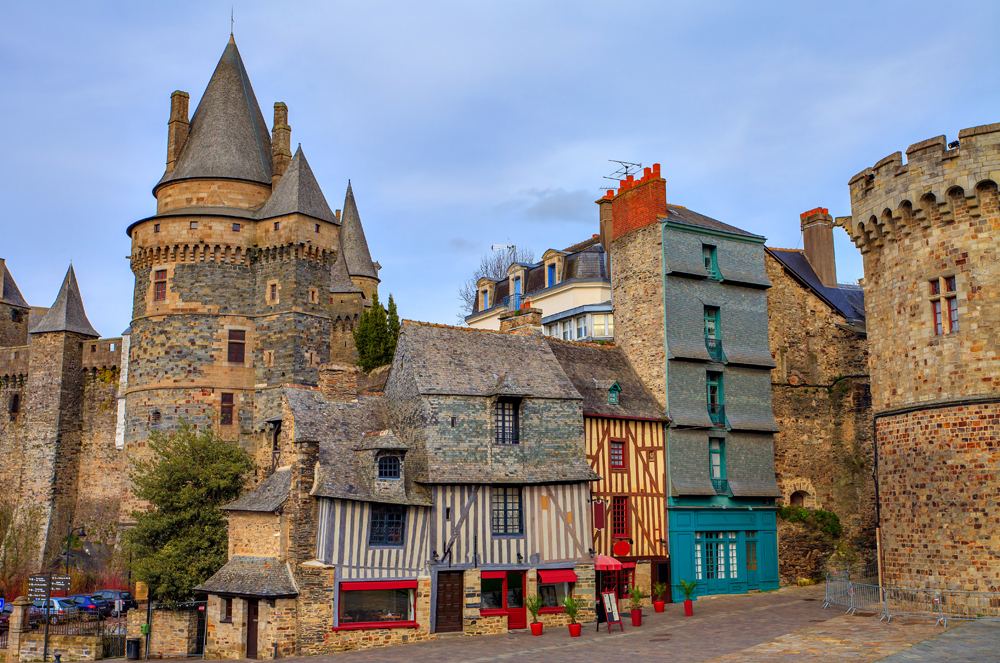 Old timber-framed houses and castle in the town of Vitre, Brittany, France 