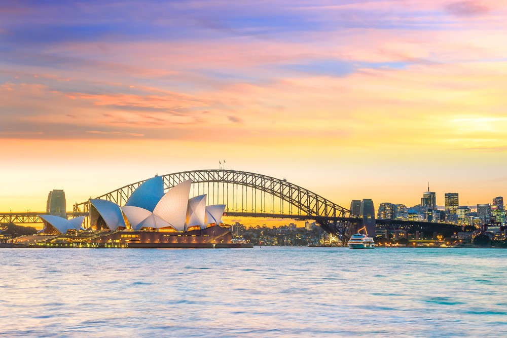 Sydney Opera House and Sydney Bridge at twilight, Australia 