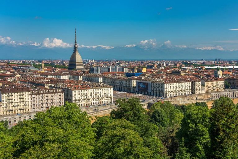 Turin skyline with Alps in background, Italy