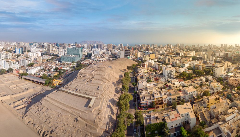 Aerial view of Huaca Pucllana archeological complex and Miraflores District, Lima, Peru 