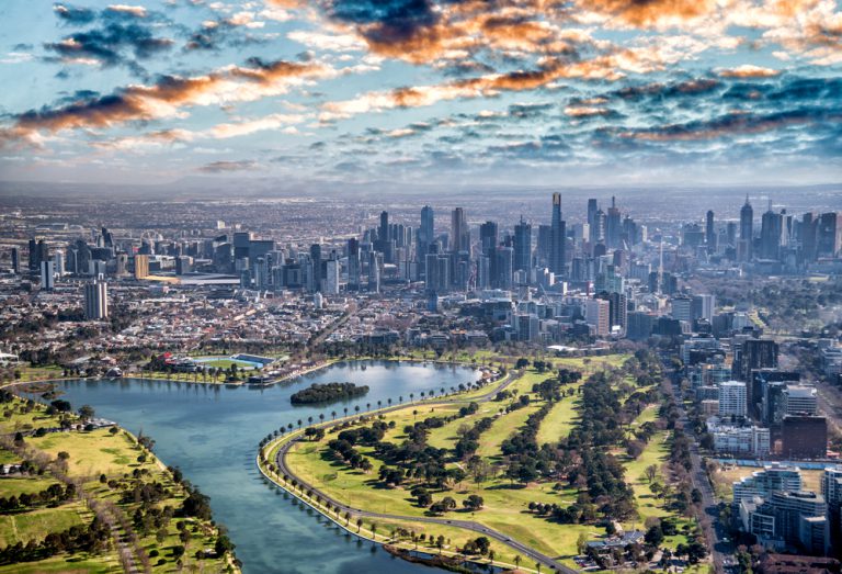 Aerial view of Melbourne with Albert Park and skyscrapers, Victoria, Australia