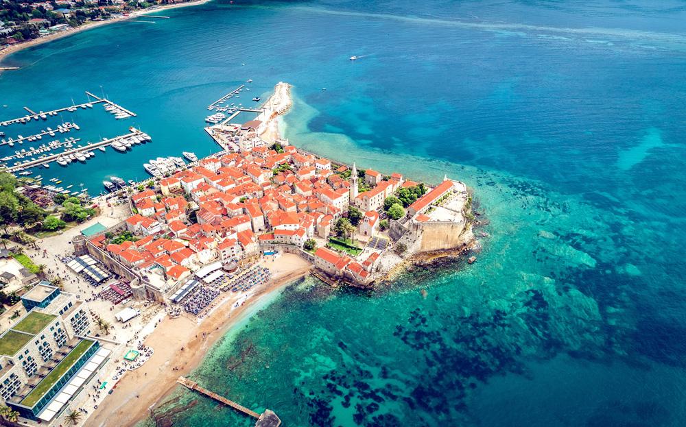 Aerial view of the old town in Budva on a beautiful summer day, Montenegro 
