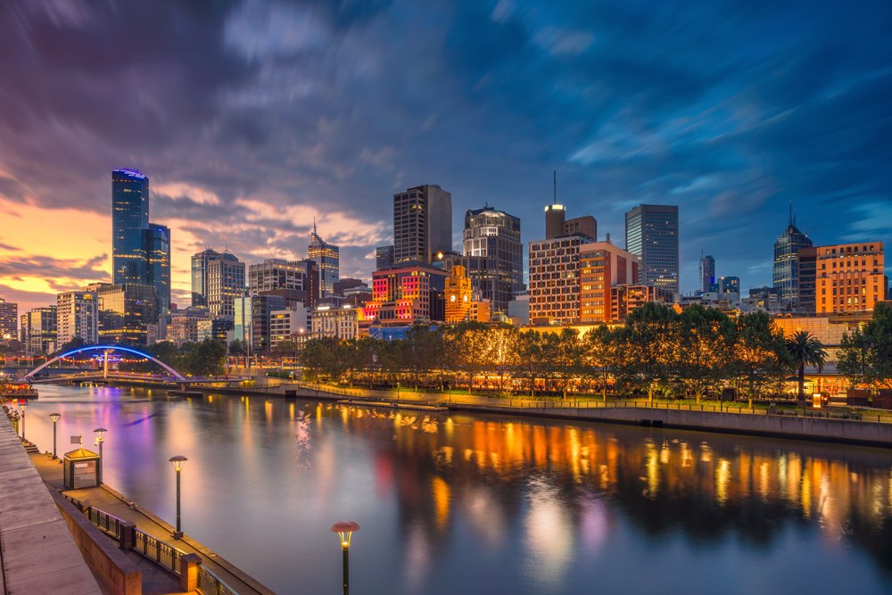 City of Melbourne and Yarra River during sunset, Australia 