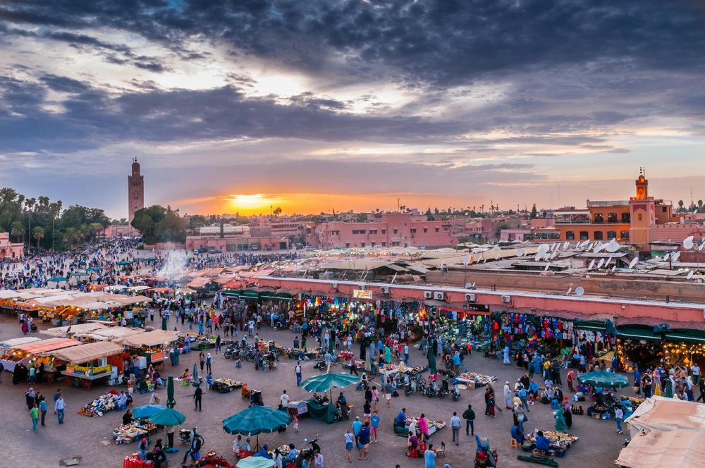 Jemaa el-Fnaa in the evening at sunset, Marrakesh, Morocco 