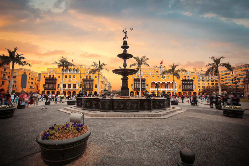 Lima main square (Plaza Mayor or Plaza de Armas) and Lima Cathedral, Lima, Peru