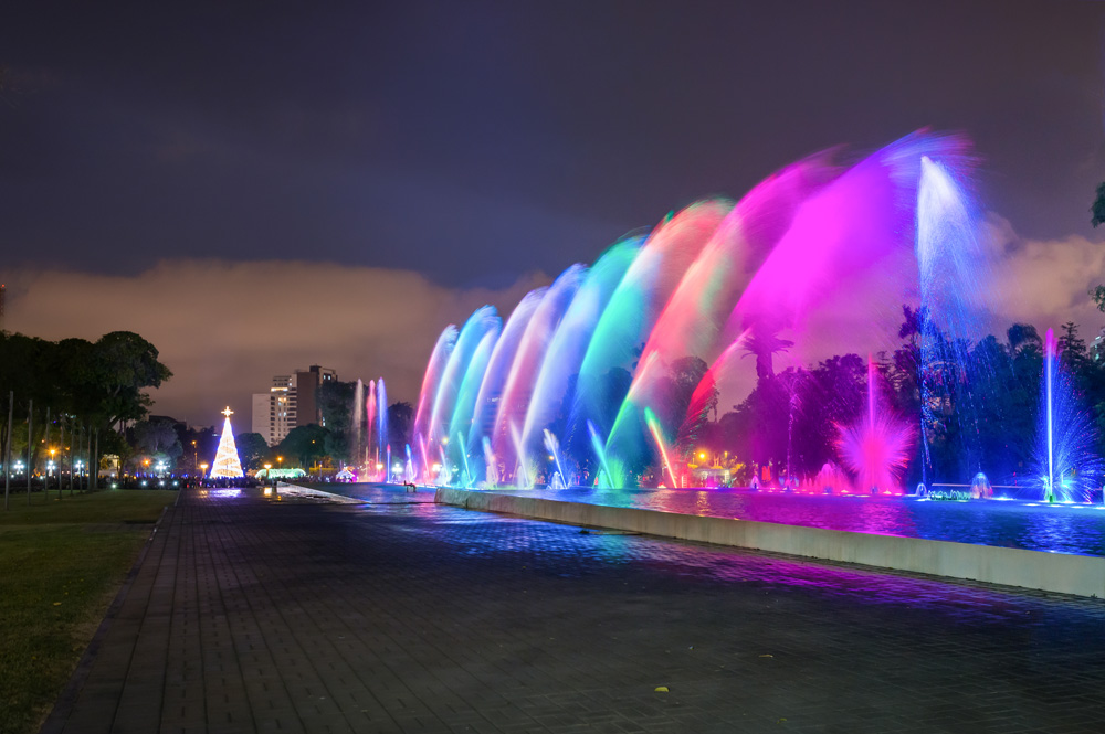 Magic water circuit and light show at the Park of the Reserve in Lima, Peru 