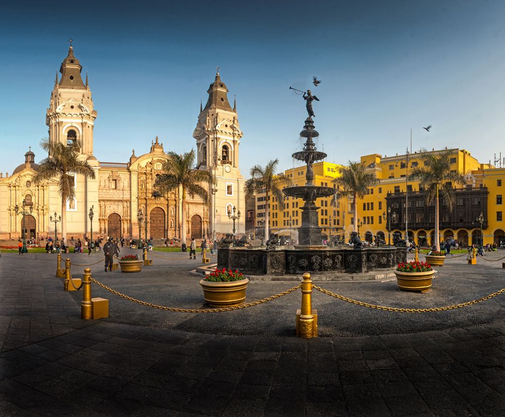 Main square (Plaza Mayor) and Lima Cathedral at sunset, Lima, Peru 