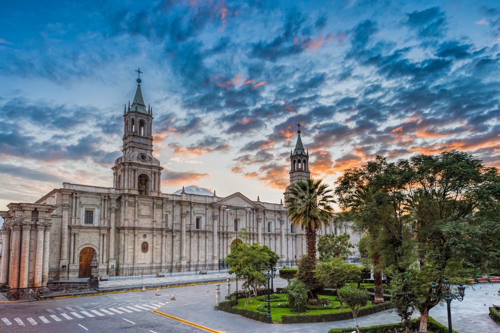 Morning sunrise at Plaza De Armas and Cathedral, Arequipa, Peru 