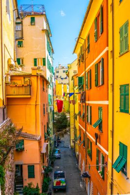Narrow street in the historical centre of Genoa, Italy 