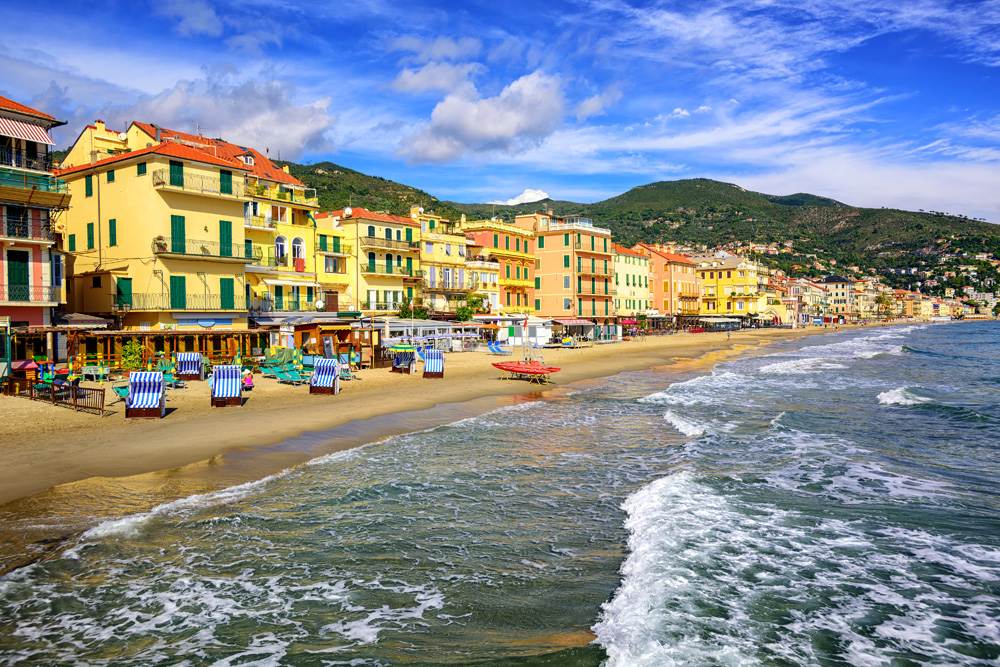 Sandy beach in town of Alassio, Liguria, Italy 