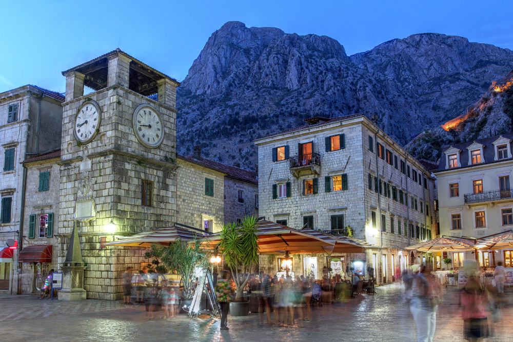 Scene in the medieval town of Kotor at twilight, Montenegro 