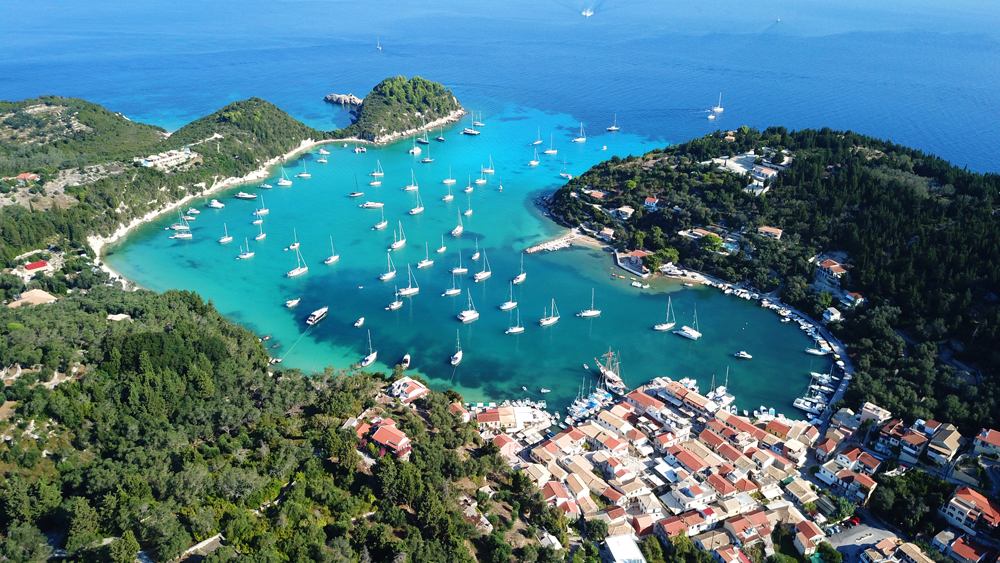 Aerial view of small port and fishing village of Lakka, Paxos island, Ionian Islands, Greece 