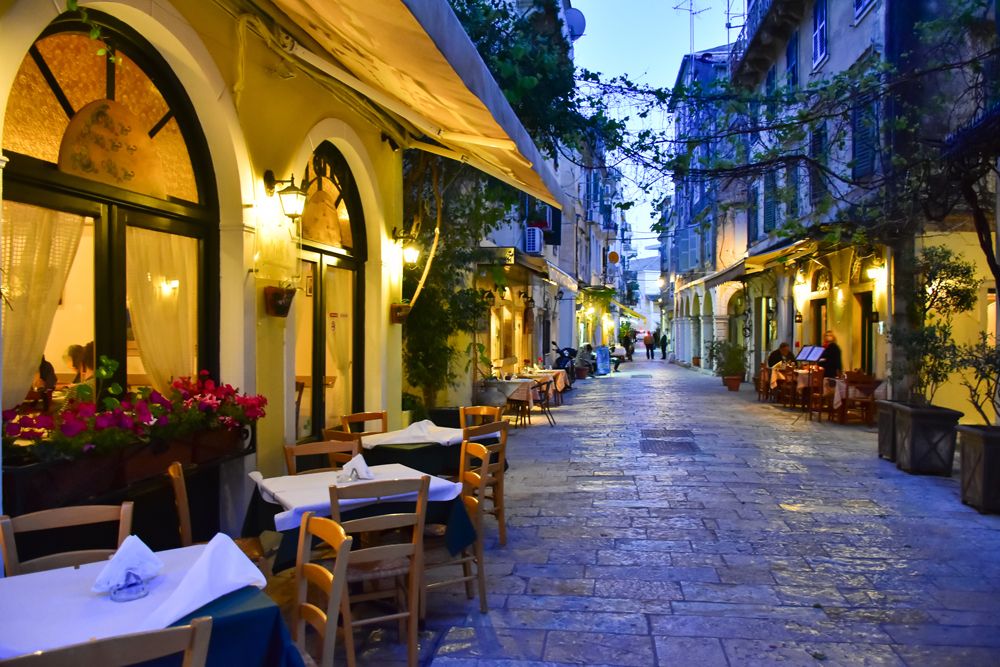 Corfu Town street at night, Corfu island, Ionian Islands, Greece 