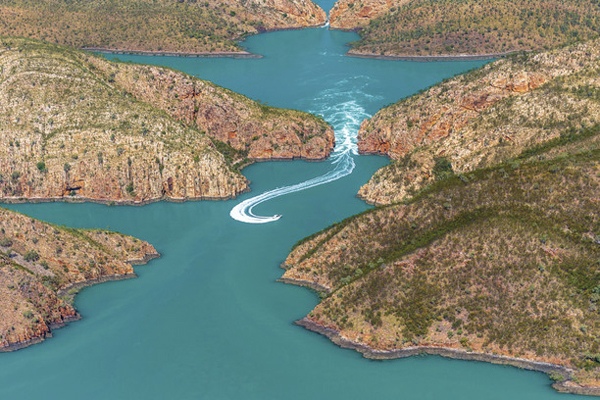 Aerial view of the Horizontal Waterfalls, Talbot Bay. Kimberley, Australia - Tourism Western Australia