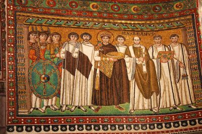 Justinian and His Attendants mosaic displayed in Church of San Vitale, Ravenna, Italy 
