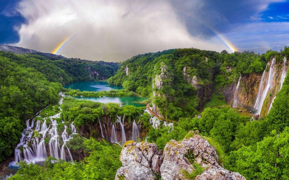 Morning over waterfalls in Plitvice Lakes Park, Croatia 