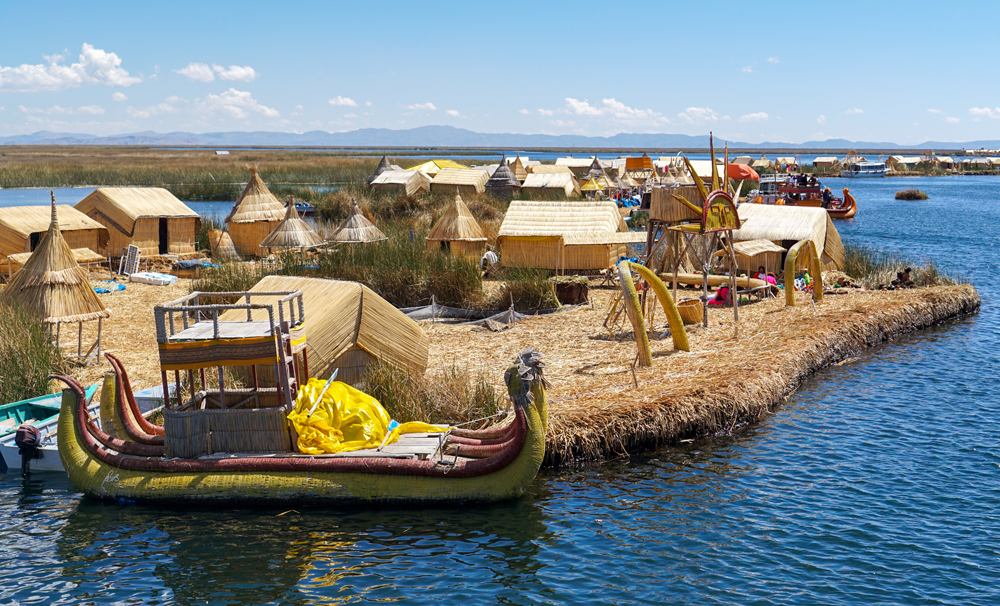 One of the Uros Islands in Lake Titicaca, Peru 