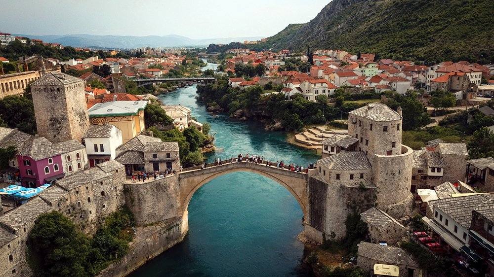 Panoramic view of Stari Most Bridge, Mostar, Bosnia and Herzegovina 