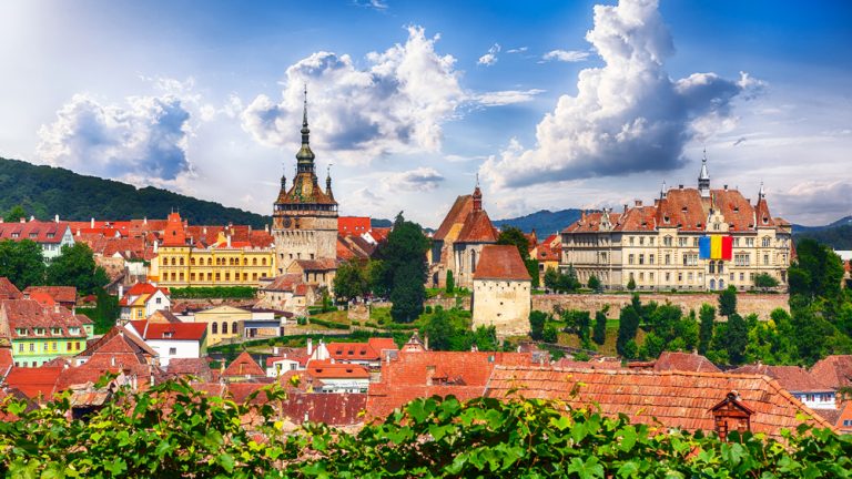 Panoramic view over the medieval cityscape architecture in Sighisoara, Transylvania, Romania